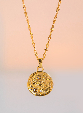 【星月神话】立体浮雕镀金几何金币毛衣链锁骨链时髦轻奢精致秋冬