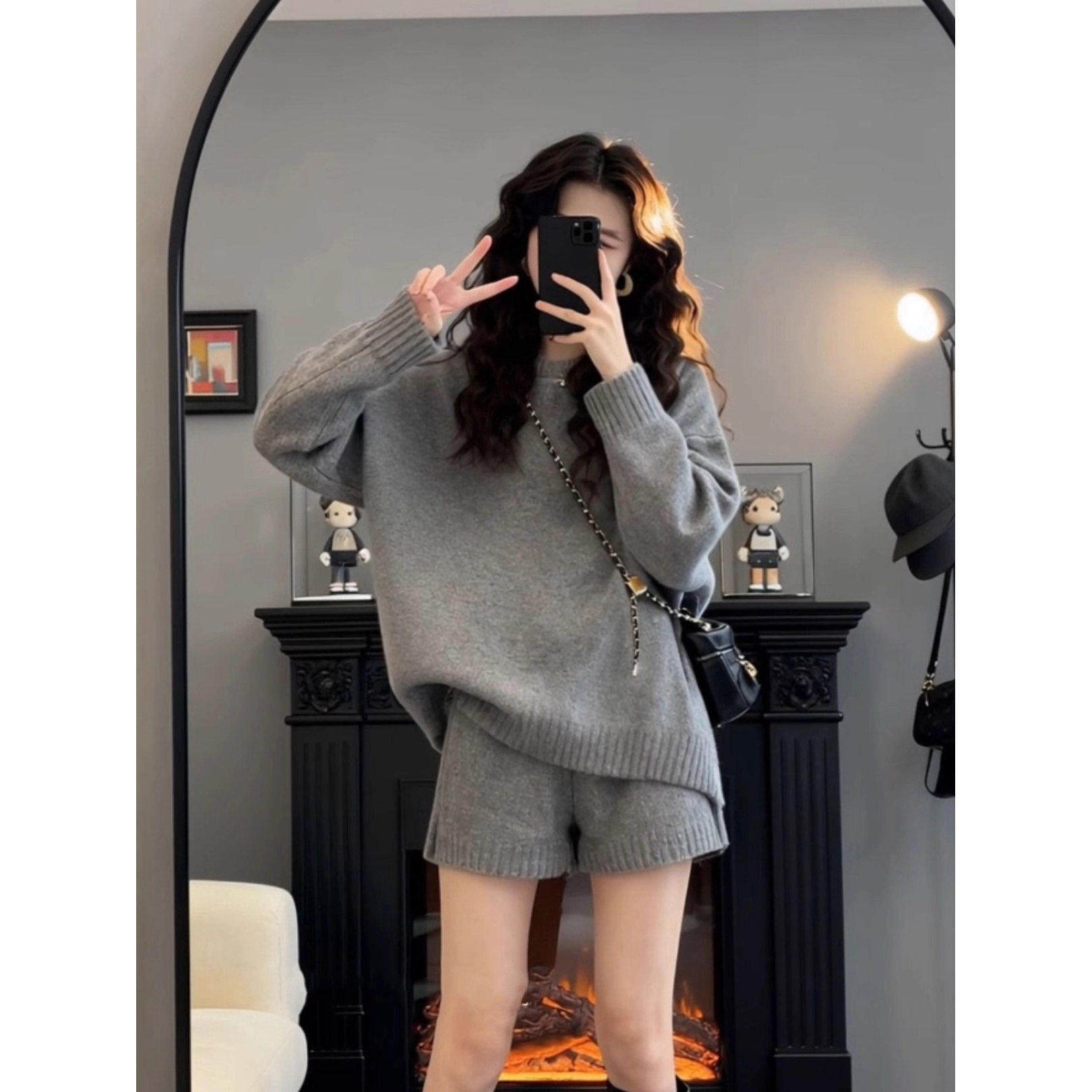 韩系慵懒风针织上衣短裤套装女秋冬休闲宽松显瘦氛围感毛衣两件套