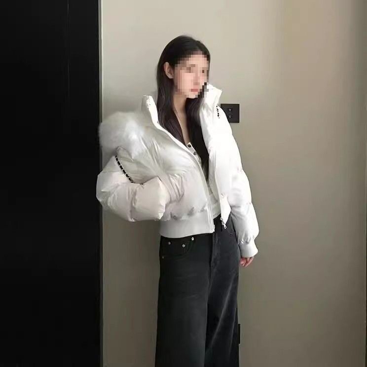 藏青色设计感连帽毛领羽绒棉服冬季收腰加厚保暖短款面包服外套女