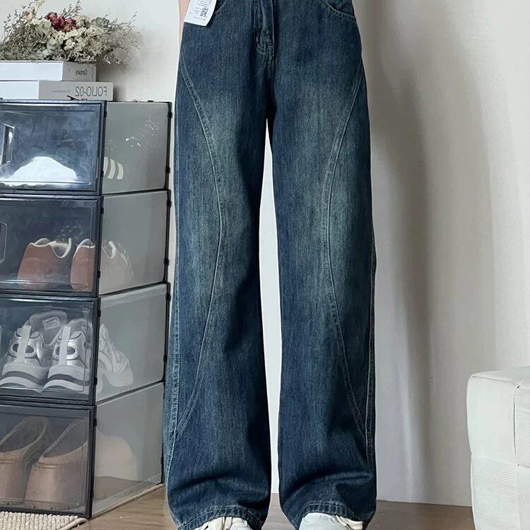 美式覆古蓝阔腿牛仔裤女春秋新款小众设计感高腰宽松显瘦直筒裤子
