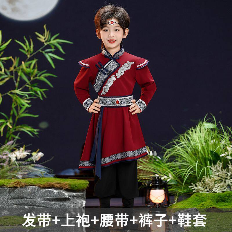 蒙古族舞蹈服儿童男女童少数民族服装新款演出服筷子舞蒙古袍短袖