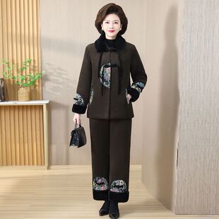 妈妈冬装秋冬加绒加厚民族套装中老年中老年人外套新款棉衣两件套