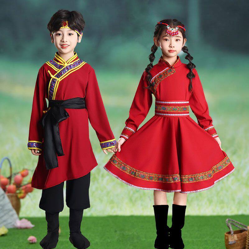 蒙古族新款筷子舞蹈儿童服饰少数民族蒙古服女童舞蹈演出男童长袍