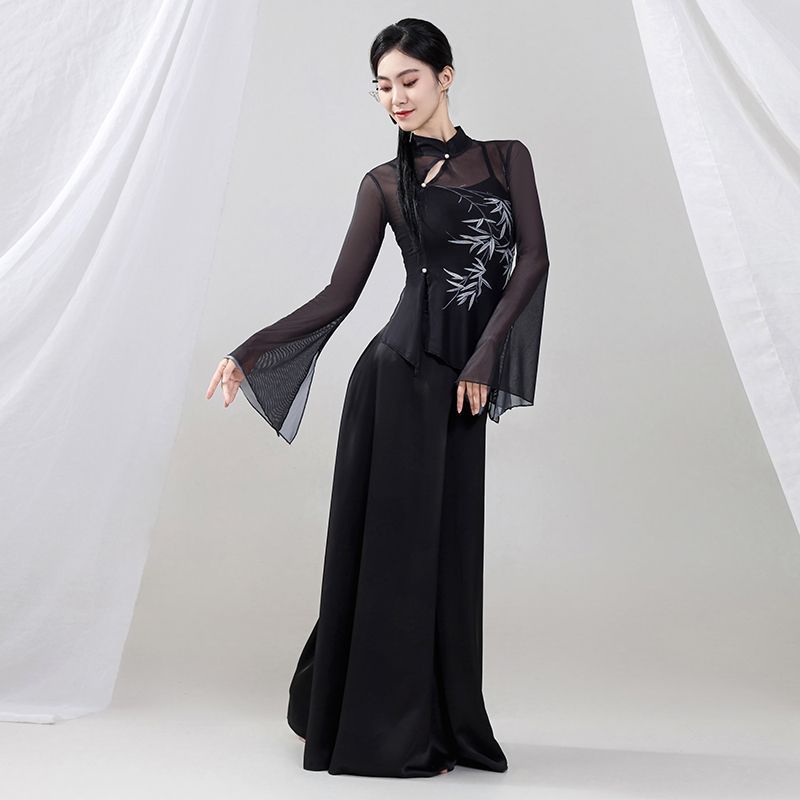 古典舞服装黑色竹叶印花