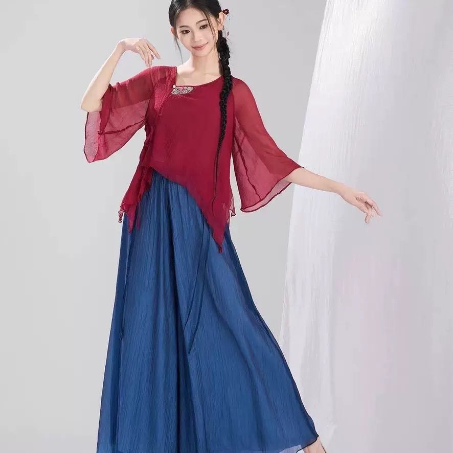 舞蹈服红色飘逸刺绣纱衣