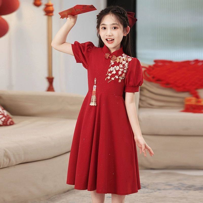 女童旗袍裙红色礼服夏季新款小女孩花童婚礼演出服儿童中国风裙子