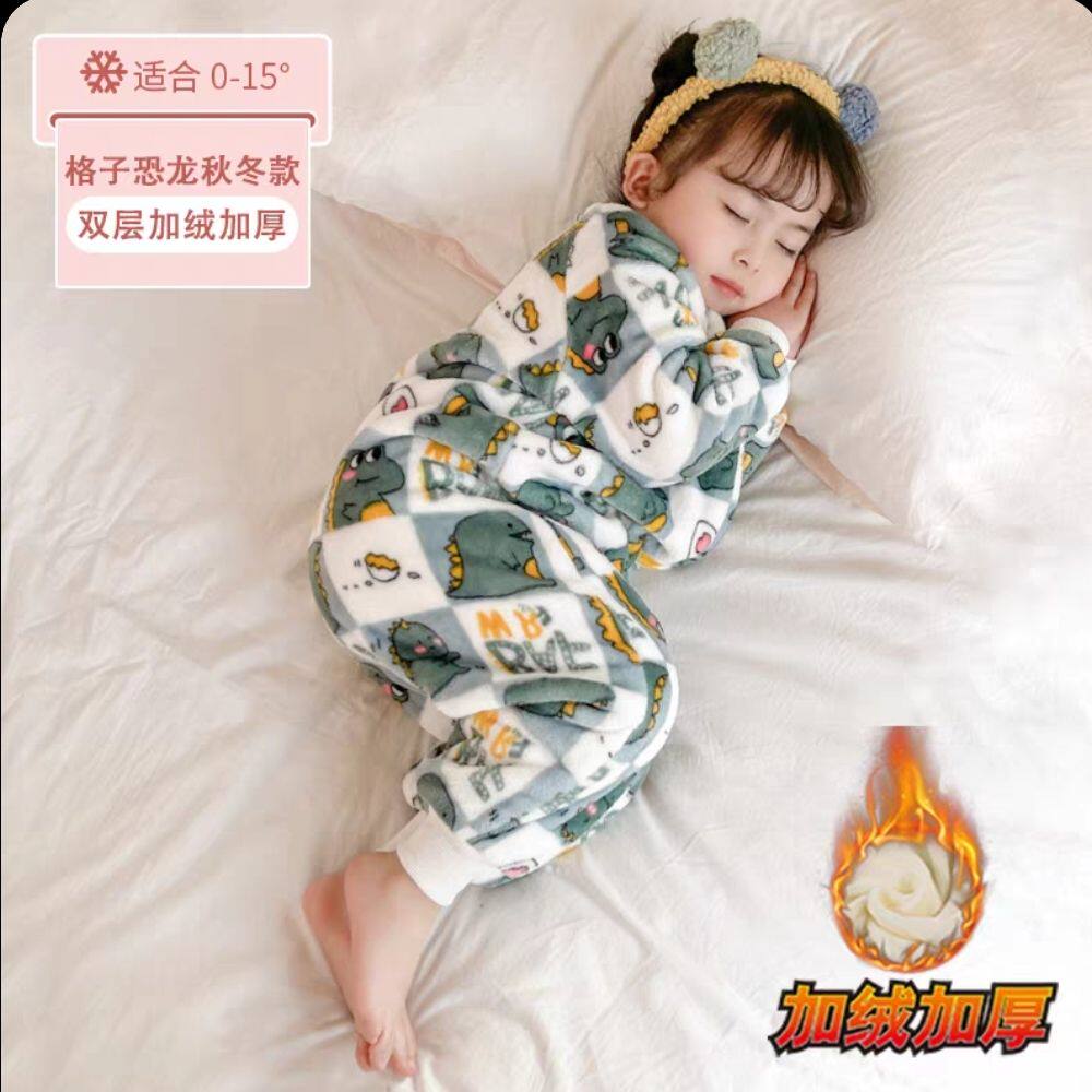 婴幼儿双层睡袋婴儿连体衣儿童保暖睡衣法兰绒秋冬加绒加厚珊瑚绒