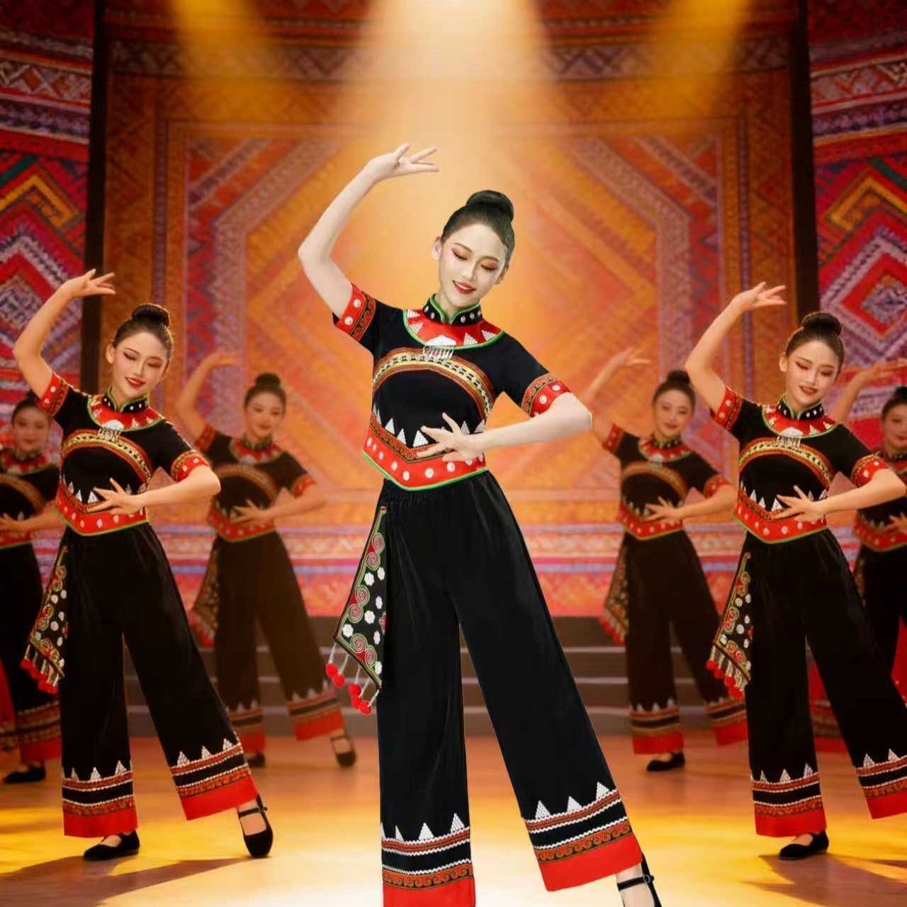 新款彝族风民族服装女演出服短袖刺绣流苏广场舞蹈表演套装