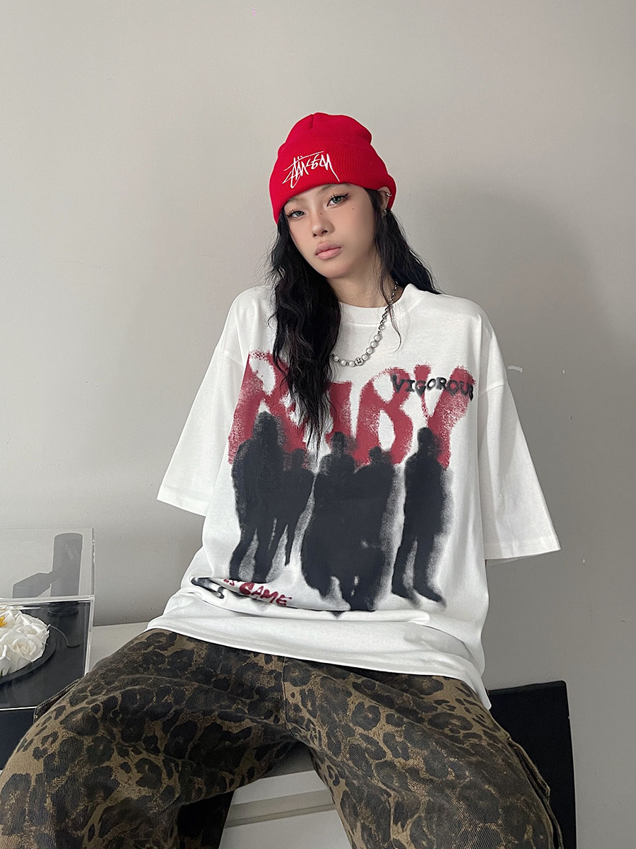 咕咕白复古人物印花短袖t恤百搭