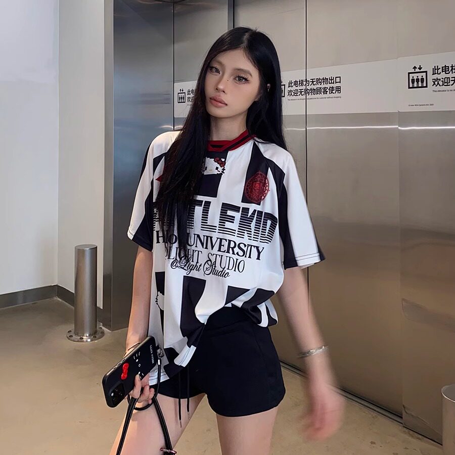 GGBAI 美式街头马赛克Kitty猫短袖球服T恤女粗条纹kt猫上衣ins潮