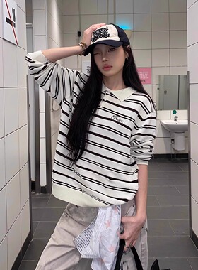 GGBAI 美式复古老钱风条纹针织polp衫毛衣松弛慵懒感宽松百搭上衣