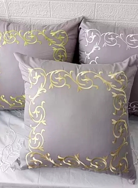 外贸灰色60支纯棉贡缎刺绣花工艺沙发靠枕套靠垫套抱枕套65X65CM