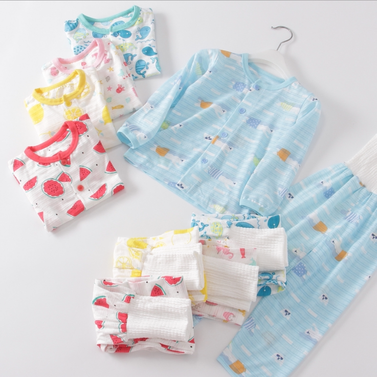 批发日单原单儿童纯棉腹卷护肚套装 长袖长裤竹节棉两件套80-140#