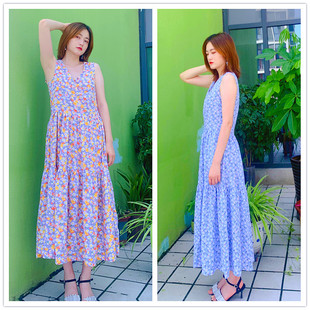 140斤以内 显瘦沙滩裙均码 人造棉棉绸V领收腰连衣裙女夏薄款 中长款