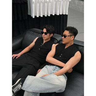 背心美式 复古无袖 修身 纽扣个性 男上衣 宋春江同款 亨利领砍袖 夏季