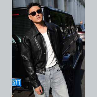 宋春江同款 机车皮衣夹克油蜡皮纹理显肩宽痞帅外套 「暗骑」春季