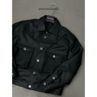 机车夹克美式 暗麟 高街仿鳄鱼纹立领男皮夹克 春季 宋春江同款