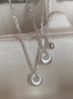 S925纯银磨砂哑光小银托项链女韩版小众设计高级感几何圆珠锁骨链