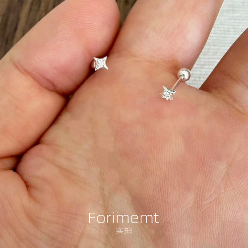 S999纯银mini四芒星耳钉女养耳洞拧螺丝睡觉不用摘小众设计感耳饰