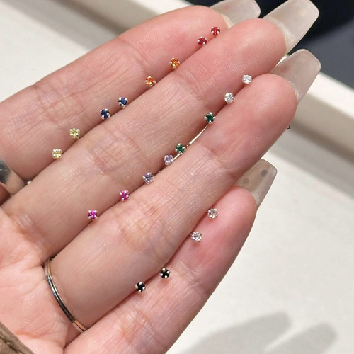 S999纯银mini小石头耳钉彩色锆石养耳洞睡觉不用摘耳骨钉百搭耳饰