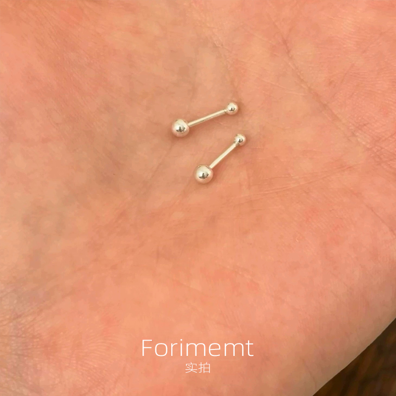 S999纯银mini双球耳钉女小众设计感养耳洞拧螺丝钉睡觉不用摘耳饰