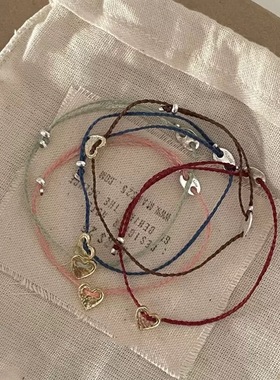 S925纯银韩国mini爱心手链简约百搭ins多色手工编织手绳新款饰品