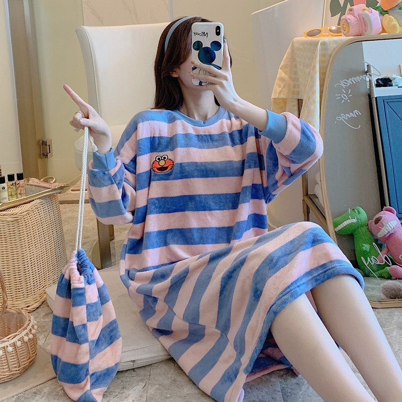 珊瑚绒睡裙女冬季长款韩版可爱条纹加厚法兰绒睡衣女士秋冬家居服