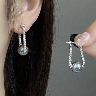 设计感碎银子串珠珍珠耳钉小众轻奢复古优雅甜美气质百搭耳环耳饰