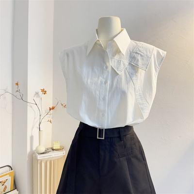 设计感法式翻领无袖白色衬衫女夏