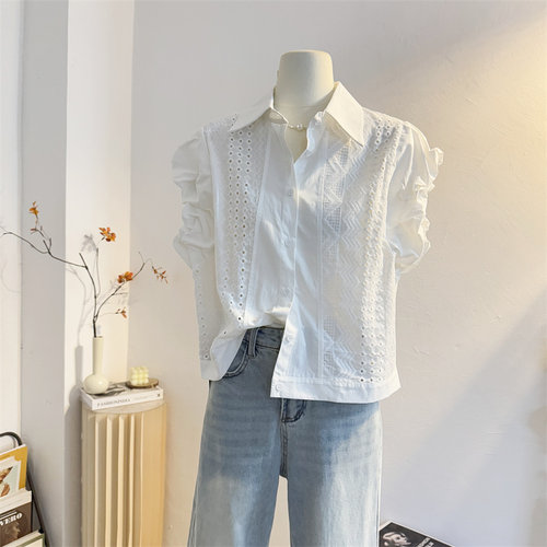 宽松短款法式镂空刺绣短袖衬衫女