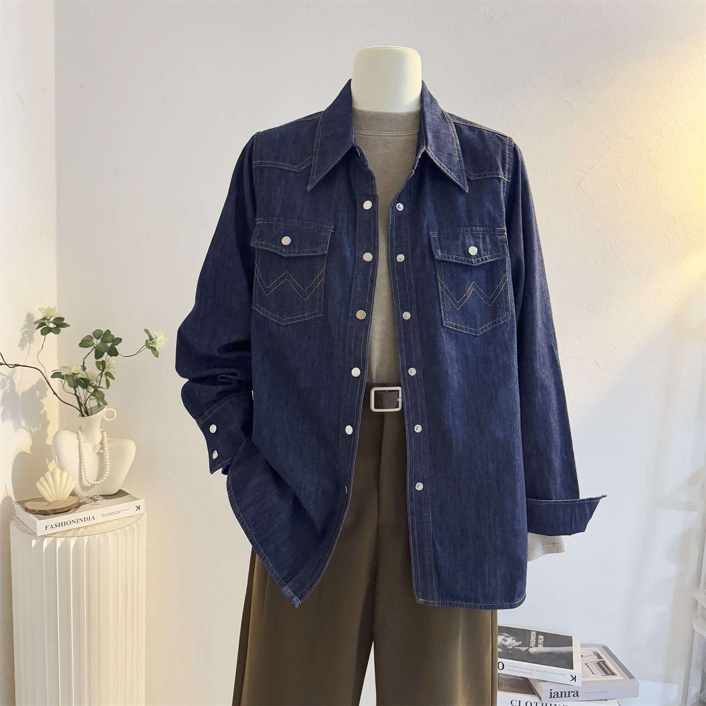 宽松休闲复古牛仔长袖衬衫女叠穿