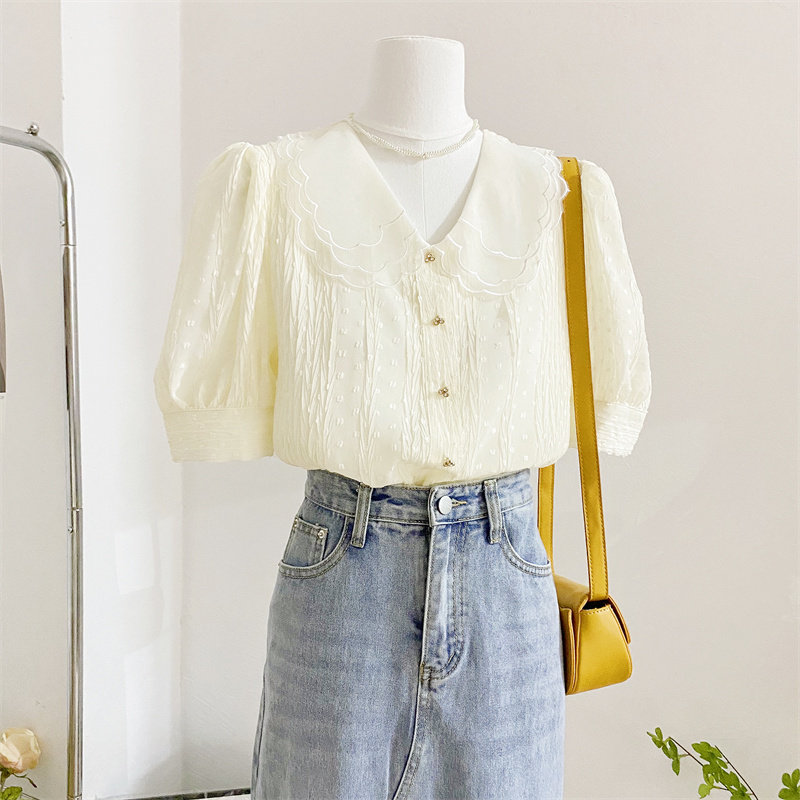 法式重工娃娃领泡泡袖衬衫女设计感甜美短袖雪纺衫洋气别致上衣夏