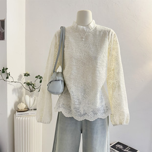 减龄气质韩系小衫 女2026春季 上衣 温柔风花边立领刺绣蕾丝衬衫 法式
