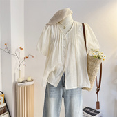 韩系小衫 法式 女2025夏设计感宽松刺绣娃娃衫 衬衫 上衣 V领泡泡短袖