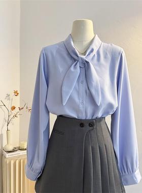 蓝色蝴蝶结衬衫女2025春新款设计感垂感减龄兔耳朵雪纺衫长袖上衣