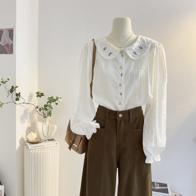 韩系宽松甜美刺绣娃娃领长袖衬衫