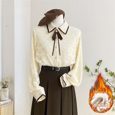 宽松气质长袖蕾丝蝴蝶结衬衫加绒