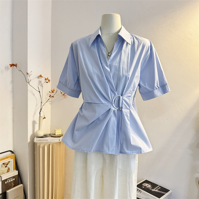 法式气质设计感收腰通勤短袖衬衫