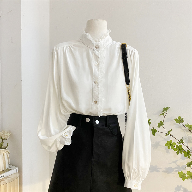 宽松气质长袖蕾丝花边立领衬衫女
