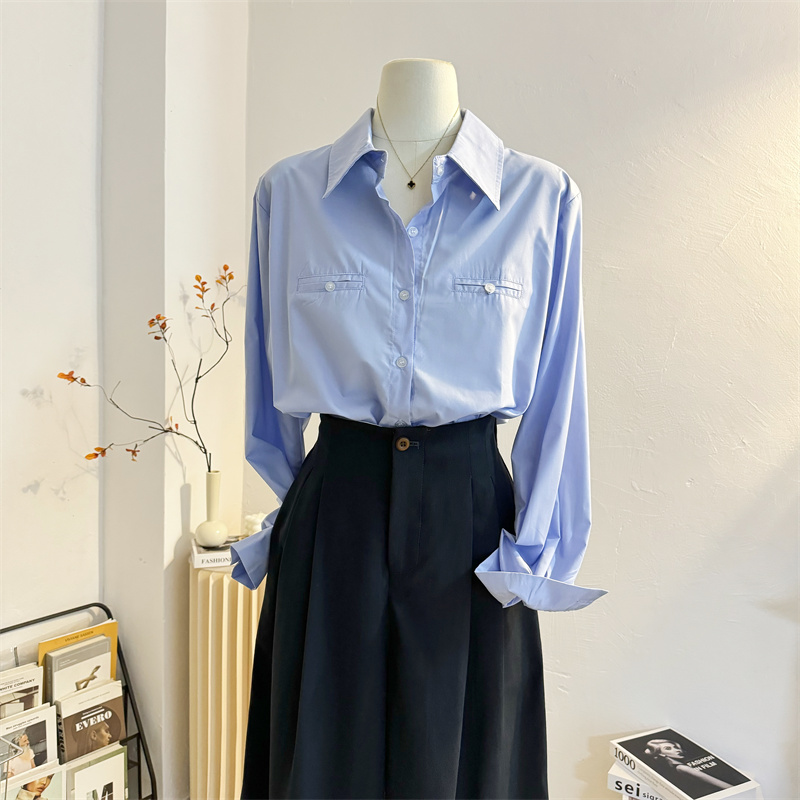 蓝色长袖衬衫女2025春秋新款设计感宽松休闲港风上衣气质通勤衬衣