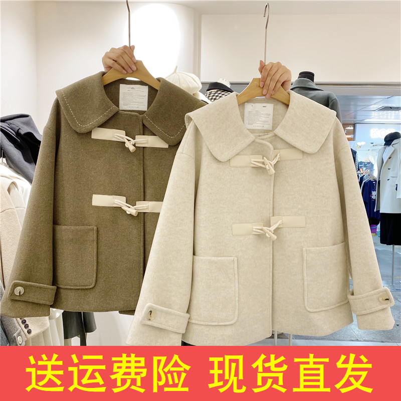 毛呢外套女短款小个子秋冬2021新款韩版宽松牛角扣娃娃领呢子上衣