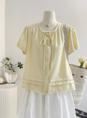 黄色系带花边圆领短袖衬衫女2026夏季宽松减龄娃娃衫韩系小衫上衣