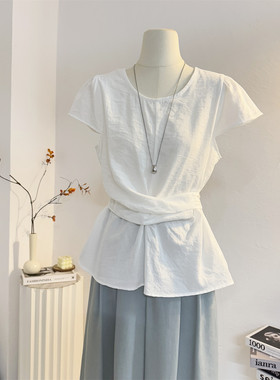 设计感交叉绑带收腰白色短袖衬衫女2025夏季气质圆领法式小衫上衣