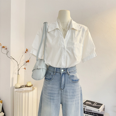 宽松蕾丝拼接法式V领短袖衬衫女