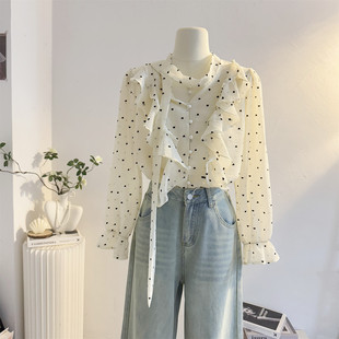 飘带蝴蝶结波点衬衫女长袖2026春季设计感减龄荷叶边雪纺小衫上衣