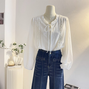 小衫 白色系带花边领长袖 设计感温柔减龄法式 女2026春新款 上衣 衬衫
