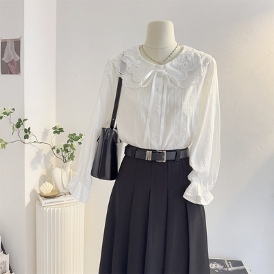 宽松法式系带娃娃领白色长袖衬衫