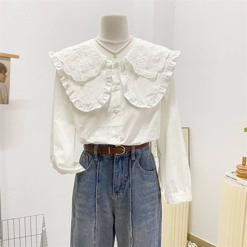 双层木耳边娃娃领衬衫女2025春宽松甜美花边长袖上衣打底白色衬衣,女装/女士精品,衬衫,淘宝优惠券,粉丝福利购,淘宝优惠卷