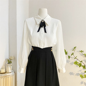 洋气打底小衫 白色蝴蝶结长袖 雪纺衫 女秋设计感褶皱灯笼袖 上衣 衬衫