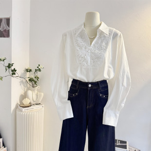设计感宽松休闲气质通勤衬衣 女2025秋季 镂空花边拼接白色长袖 衬衫